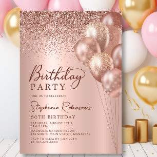 Modern Rose Gold Glitter Balloon 50th Birthday Invitation
