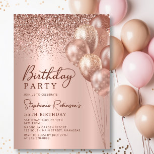 Modern Rose Gold Glitter Balloon 55th Birthday Invitation