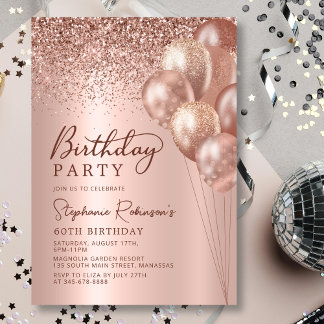 Modern Rose Gold Glitter Balloon 60th Birthday Invitation