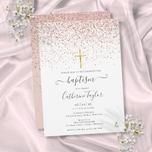 Modern Rose Gold Glitter Baptism Christening Invitation