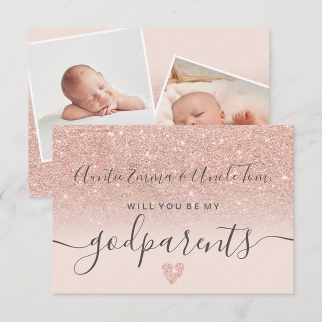 Modern rose gold glitter be my godparents baptism invitation (Front/Back)