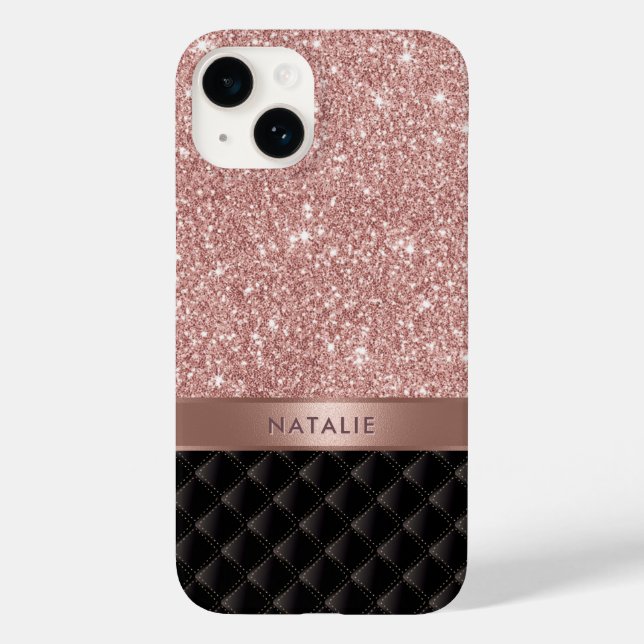 Modern Rose Gold Glitter Black Luxury Custom Name Case-Mate iPhone Case (Back)