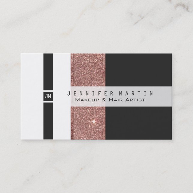 Modern Rose Gold Glitter Black White Colour Blocks Business Card (Front)