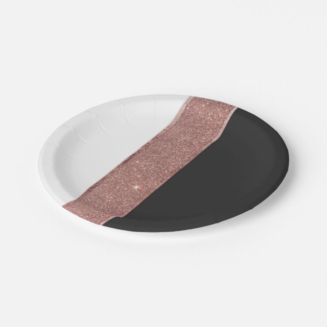Modern Rose Gold Glitter Black White Colour Blocks Paper Plate (Angled)