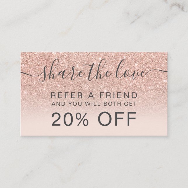 Modern rose gold glitter blush ombre professional referral card (Front)