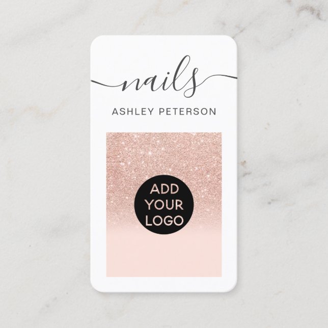 Modern rose gold glitter blush pink nails script business card (Front)