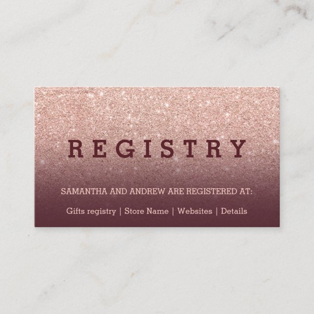 Modern rose gold glitter burgundy wedding registry enclosure card (Front)