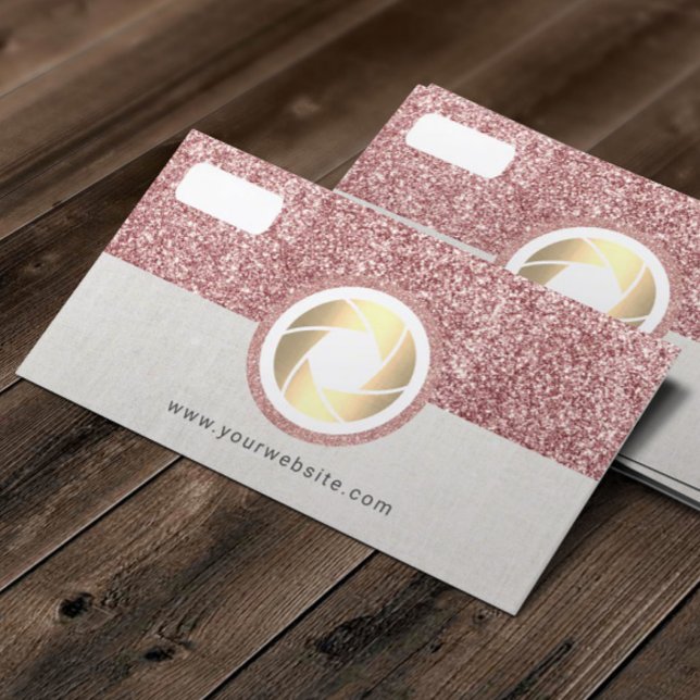 Modern Rose Gold Glitter Camera Photography Business Card (Creator Uploaded)