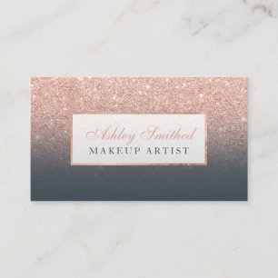 Modern rose gold glitter charcoal ombre makeup business card