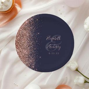 Modern Rose Gold Glitter Dark Blue Wedding Paper Plate