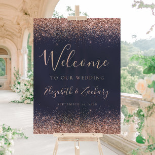 Modern Rose Gold Glitter Dark Blue Wedding Welcome Acrylic Sign
