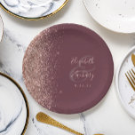 Modern Rose Gold Glitter Dark Burgundy Wedding Paper Plate<br><div class="desc">These elegant modern wedding plates feature a rose gold faux glitter edge. Easily customise the rose pink text on a dark burgundy background,  with the names of the bride and groom in whimsical handwriting calligraphy over a large ampersand.</div>