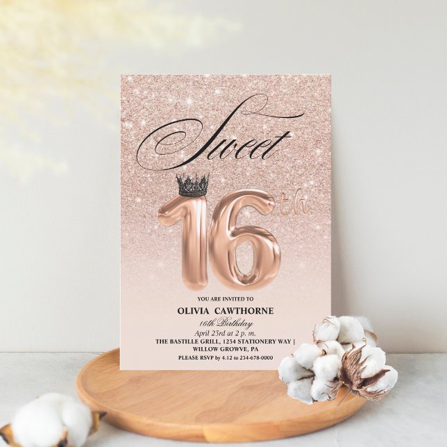 Modern Rose Gold Glitter Drips Crown Sweet 16 Invitation (Creator Uploaded)
