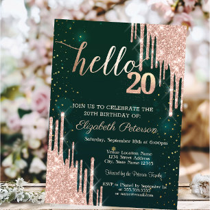 Modern Rose Gold Glitter Drips Green 20th Birthday Invitation
