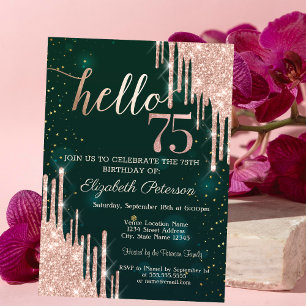 Modern Rose Gold Glitter Drips Green 75th Birthday Invitation