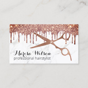 Modern rose gold glitter drips marble hairstylist business card