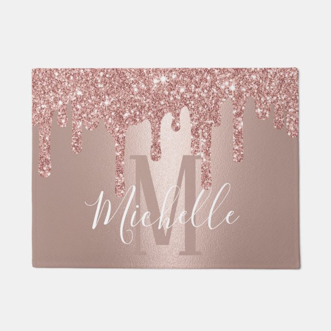 Modern Rose Gold Glitter Drips Monogram Name Doormat (Front)