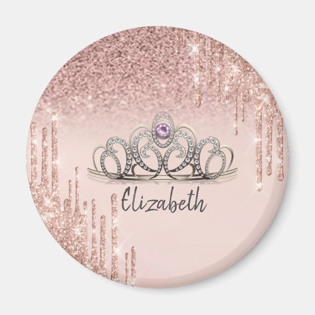 Modern Rose Gold Glitter Drips Ombre Tiara  Cerami Magnet (Front)