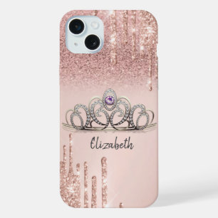 Modern Rose Gold Glitter Drips Ombre Tiara iPhone 15 Plus Case