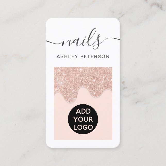 Modern rose gold glitter drips pink nails script business card (Front)