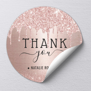 Modern Rose Gold Glitter Drips Thank You Classic Round Sticker