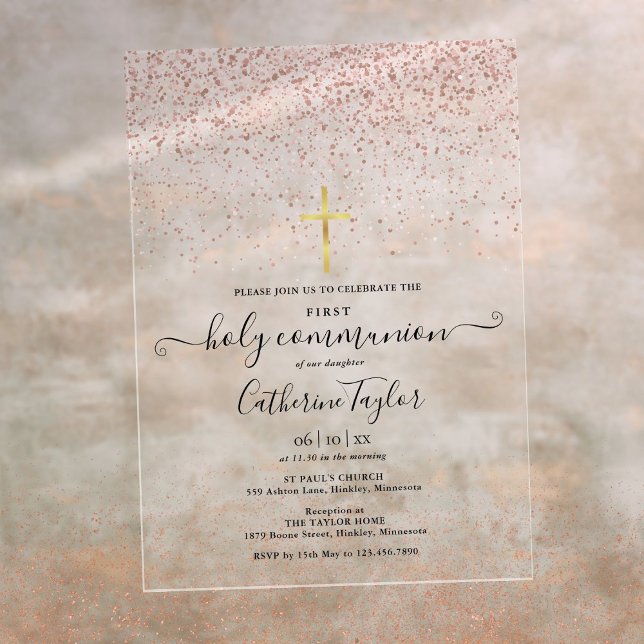 Modern Rose Gold Glitter First Holy Communion Acrylic Invitations (Modern Rose Gold Glitter First Holy Communion Acrylic Invitations)