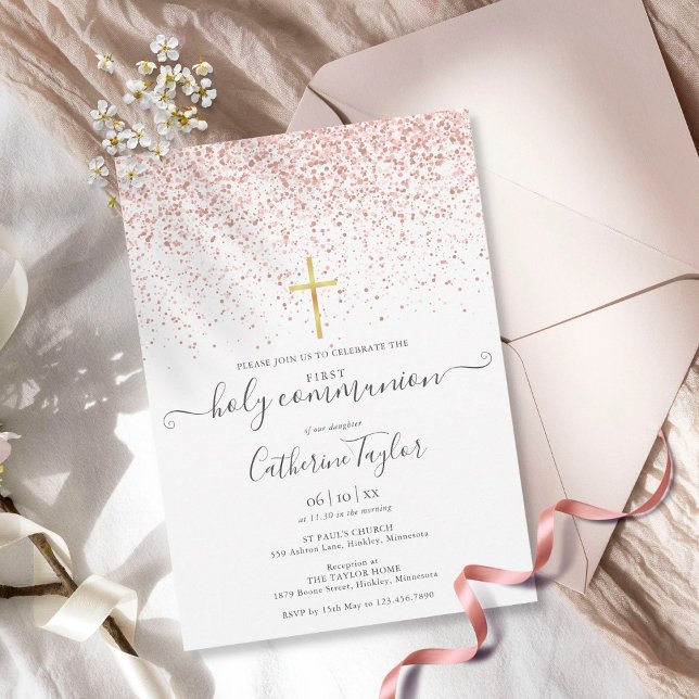 Modern Rose Gold Glitter First Holy Communion Invitation (Creator Uploaded)