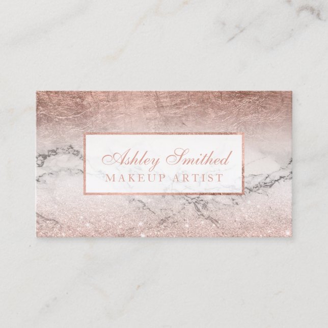Modern rose gold glitter foil marble ombre makeup business card (Front)