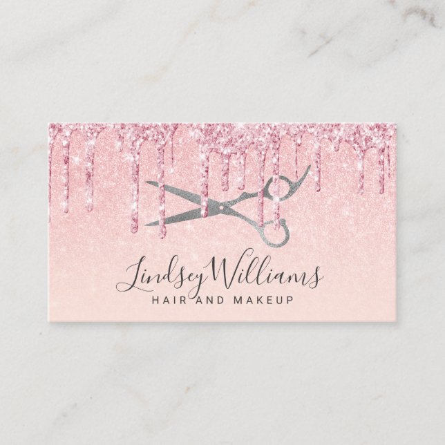 Modern rose gold glitter hair & makeup scissors  business card (Front)