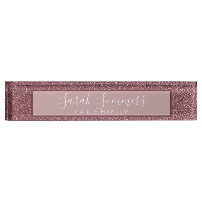Modern Rose Gold Glitter Hair Salon Makeup Artist Nameplate (Front)