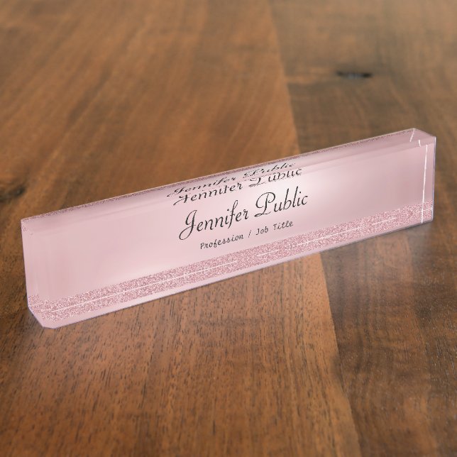 Modern Rose Gold Glitter Handwritten Script Chic Nameplate (Side)