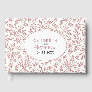 Modern rose gold glitter leaves wedding guest book
