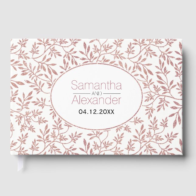 Modern rose gold glitter leaves wedding guest book (Front)