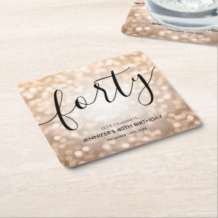 Modern Rose Gold Glitter Lights 40th Birthday  Square Paper Coaster