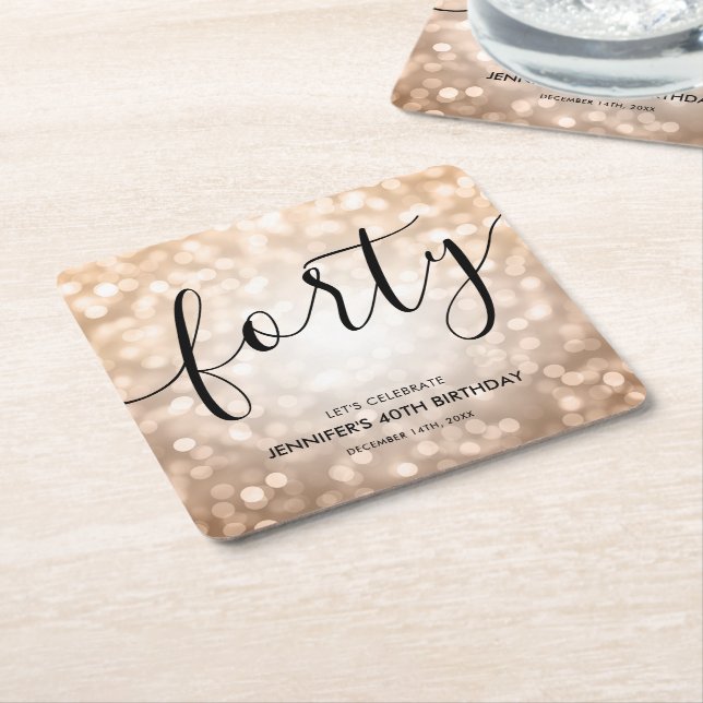 Modern Rose Gold Glitter Lights 40th Birthday  Square Paper Coaster (Angled)