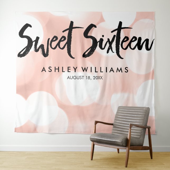 Modern Rose Gold Glitter Lights Sweet 16 Backdrop Tapestry (In Situ (Horizontal))