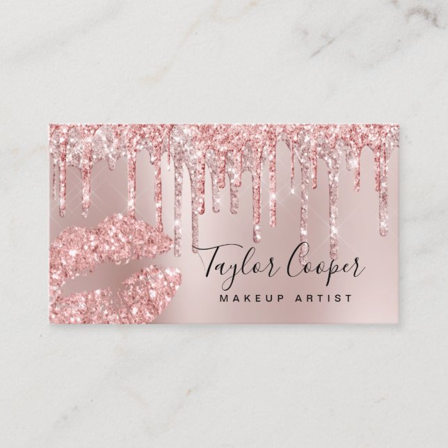 Modern rose gold glitter lips makeup artist business card (Front)