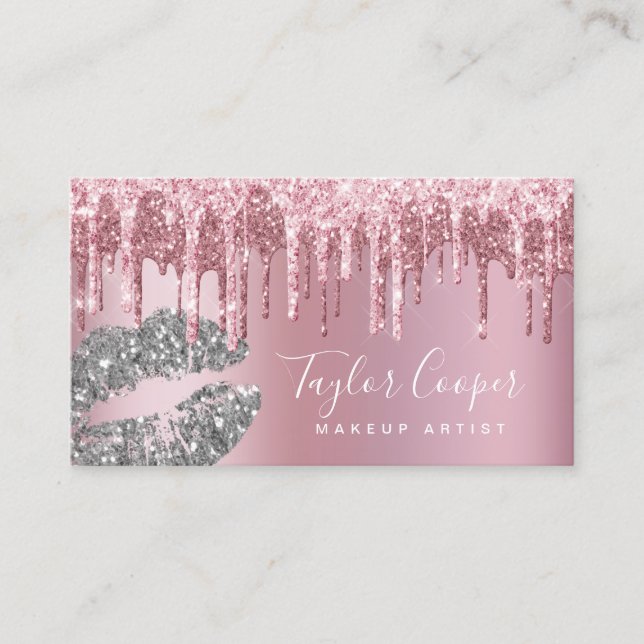 Modern rose gold glitter lips makeup artist  business card (Front)