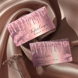 Modern rose gold glitter lips makeup artist business card