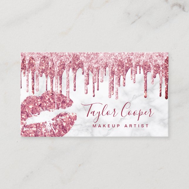 Modern rose gold glitter lips makeup artist business card (Front)