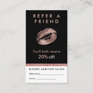 Modern Rose Gold Glitter Lips Salon Referral Card