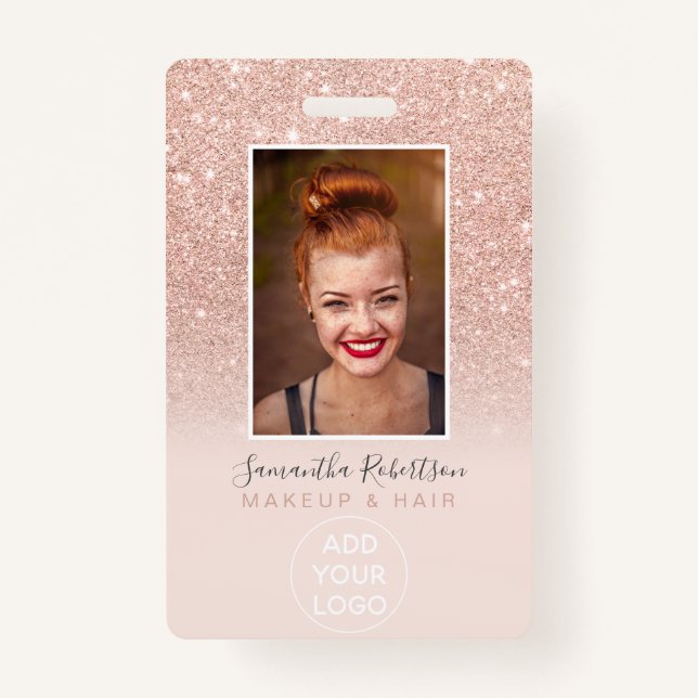 Modern rose gold glitter logo employee photo pass ID badge (Front)
