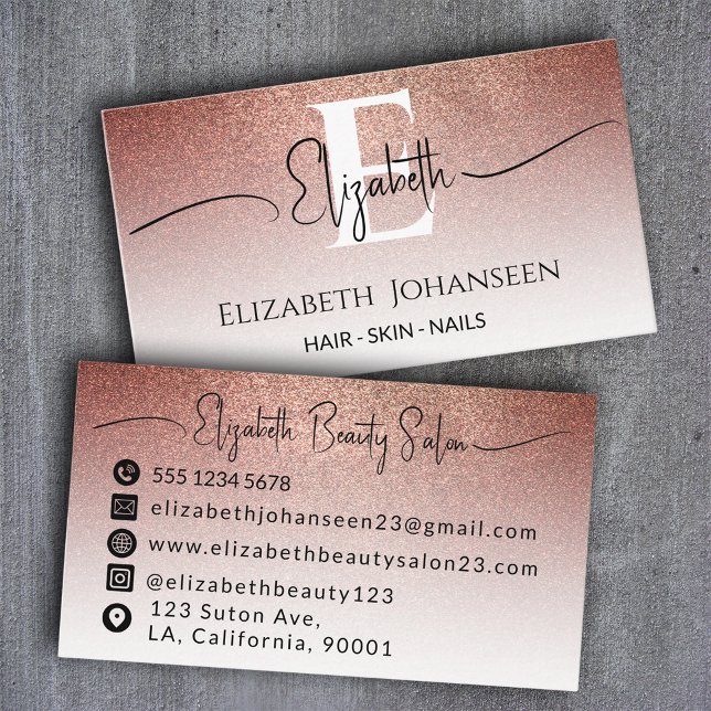 Modern Rose Gold Glitter Makeup Artist Monogrammed Business Card (Creator Uploaded)