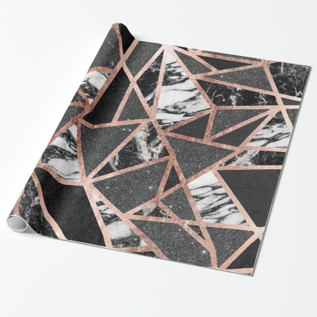Modern Rose Gold Glitter Marble Geometric Triangle Wrapping Paper (Unrolled)