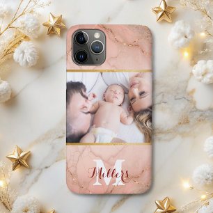 Modern rose gold glitter marble monogram photo  iPhone 11 pro case