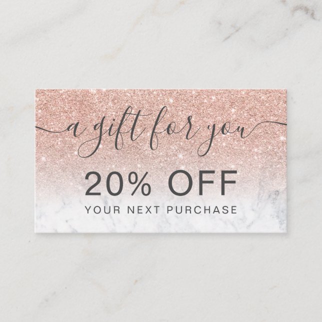Modern rose gold glitter marble ombre professional discount card (Front)