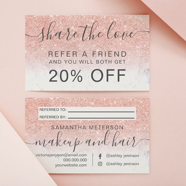 Modern rose gold glitter marble ombre professional referral card (Creator Uploaded)