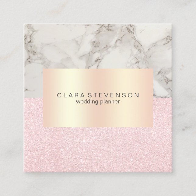 Modern rose gold glitter & marble wedding planner square business card (Front)