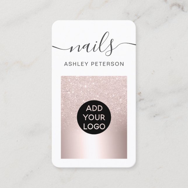 Modern rose gold glitter metallic nails script business card (Front)