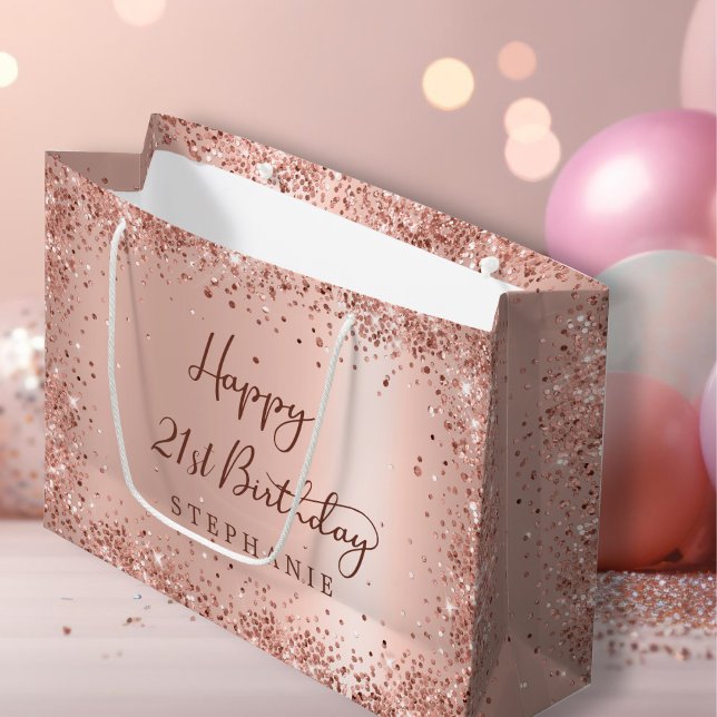 Modern Rose Gold Glitter Monogram 21st Birthday Large Gift Bag (Creator Uploaded)
